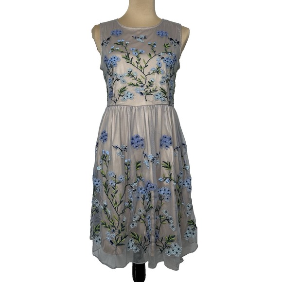Sundance Dresses & Skirts - Sundance Forget Me Not Floral Embroidered Tulle Dress Small Fit Flare Blue Nude